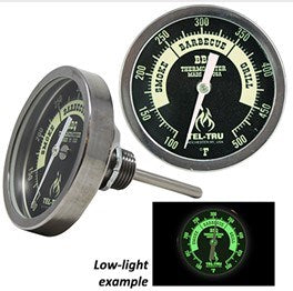 Tel-Tru BBQ Model BQ300 BLACK GLOW-in-Dark dial, 100/500F with zones, 4"? stem